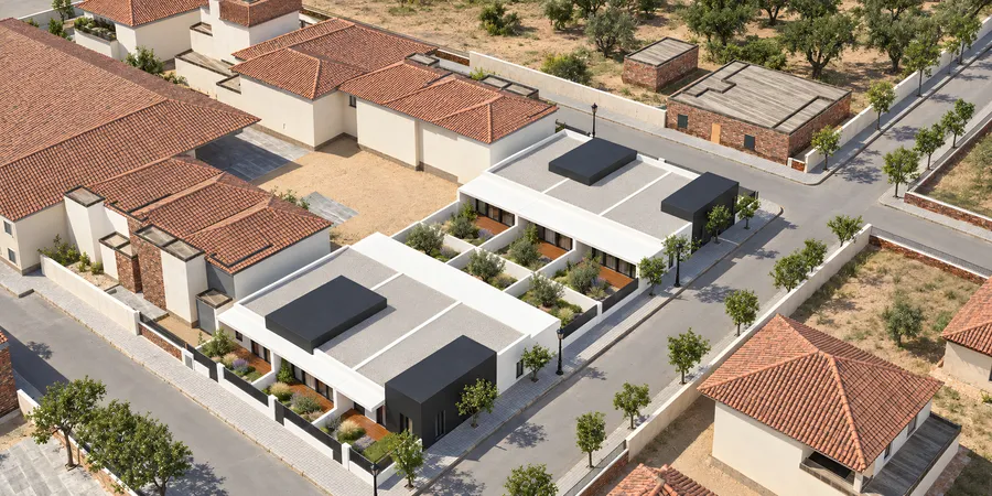 Vista aérea 3D de las seis viviendas